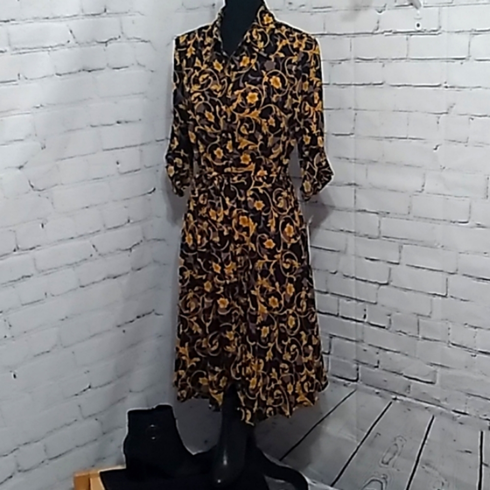 Long Sleeve FloralPrint Pin tuck Shiftdress Black Yellow Nanette Lepore - Picture 8 of 12